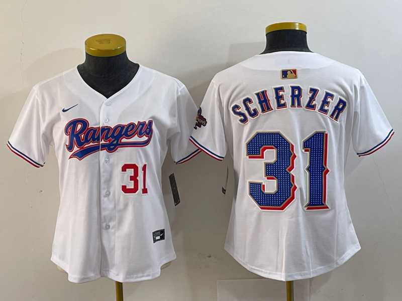 Women%27s Texas Rangers #31 Max Scherzer Number White 2024 Gold Collection Limited Cool Base Jersey
